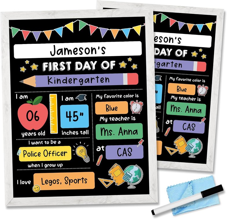 First Day of School Board Sign with Frame, Liquid Chalk Marker and Wipe Cloth - 14"x11" Double-Sided & Reusable Chalkboard - Back to School Wooden Board for Kindergarten Preschool