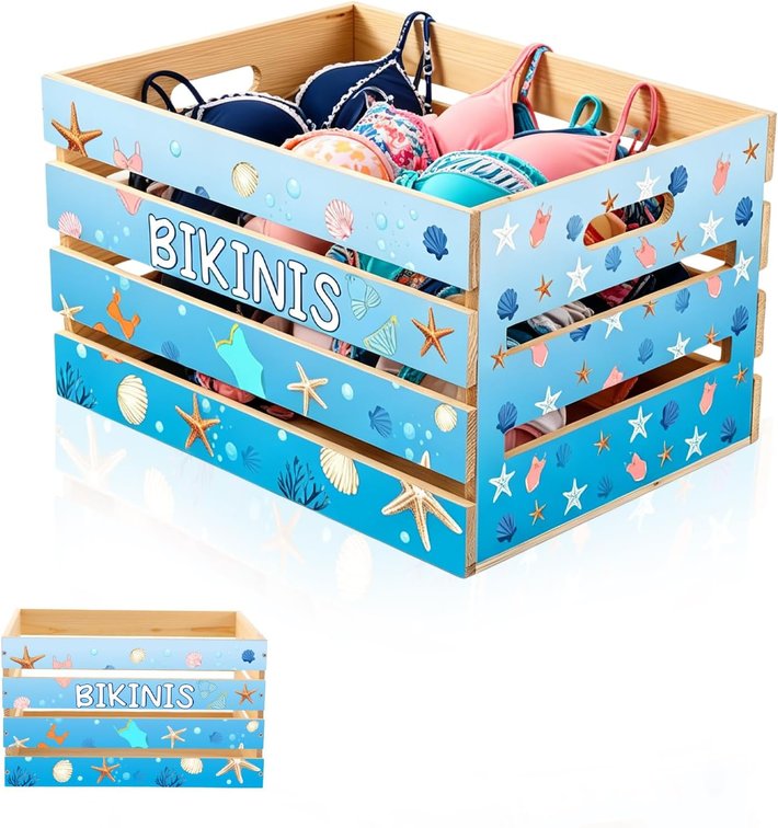 Large Pine Wood Crates for Swimwear - 16" x 12" x 9.4" Unassembled Wooden Bikini Crates Box Blue Ocean Style Summer Pool Party Clothes Storage Bin for Home Beach Party Decor
