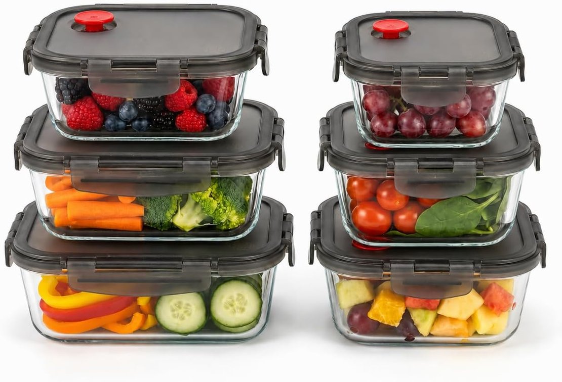 Borosilicate Glass Airtight Food Storage Containers with Vented Lids, Assorted Set of 6 (3 Rectangular & 3 Square)