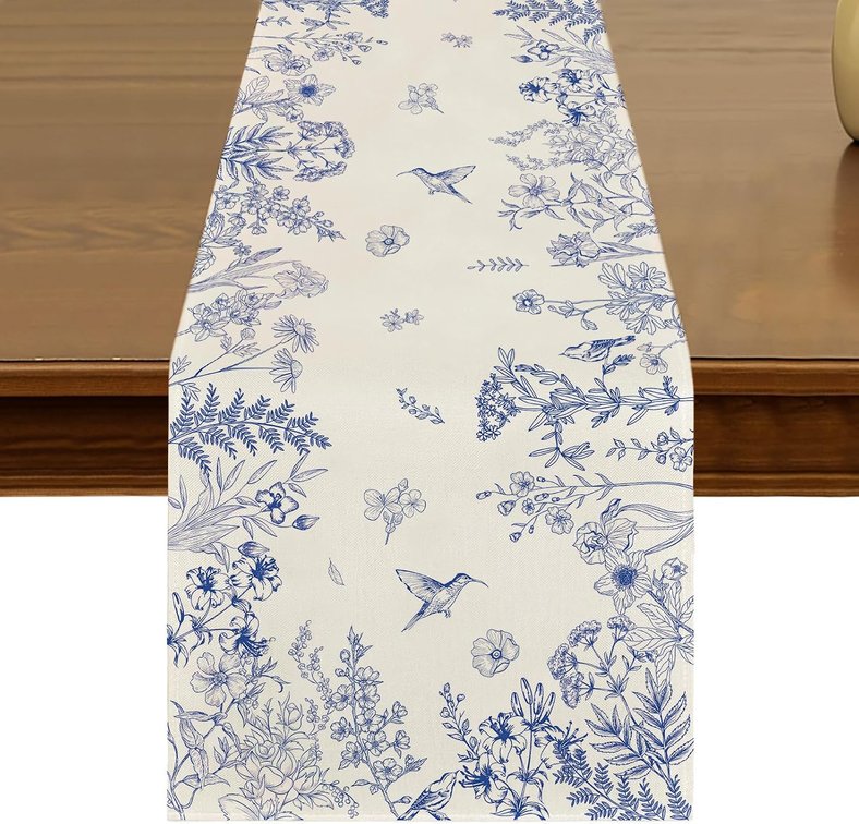 Spring Blue Birds and Flowers Table Runner 13x72 Inch Kitchen Seasonal Summer Fall Dining Monochrome Sketch Table Decor for Indoor Outdoor Farmhouse Home Party Decoration ZQ186