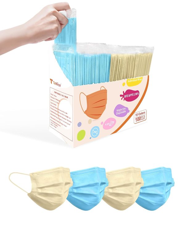 Adult Face Masks Disposable 100 Pack 2 Colors, 4 Ply ASTM Level 3