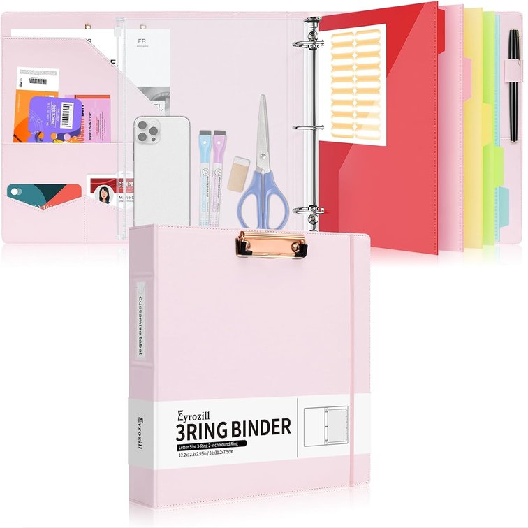 Professional Leather Binder Portfolio with Clipboard, Zipper Pouch, 5 Sheets Plastic Dividers, 8.5 x 11, 2-inch Round Rings, Professional Binder Organizer, Pink