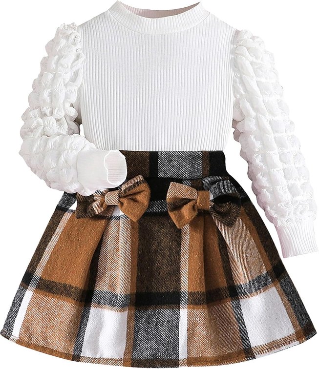Size 2-3 Years Toddler Girls Clothes Sets: Puff Sleeve Tops Plaid Mini Skirts Skirt Set 2 Piece Fall Winter Outfits 2-8 Years