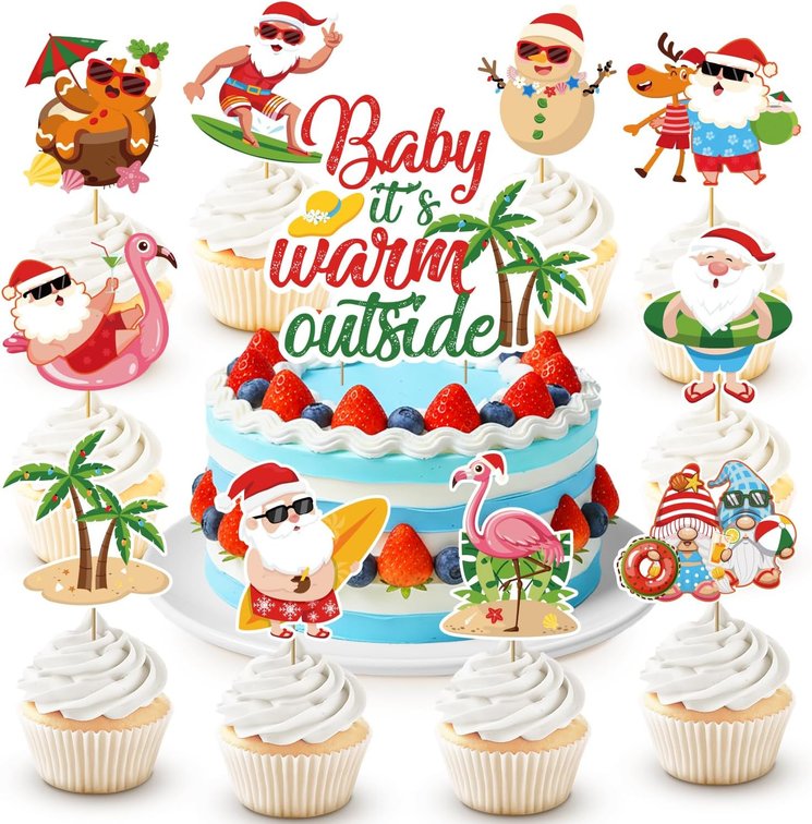 Summer Christmas Cupcake Toppers, 31Pcs Christmas July Cake Toppers