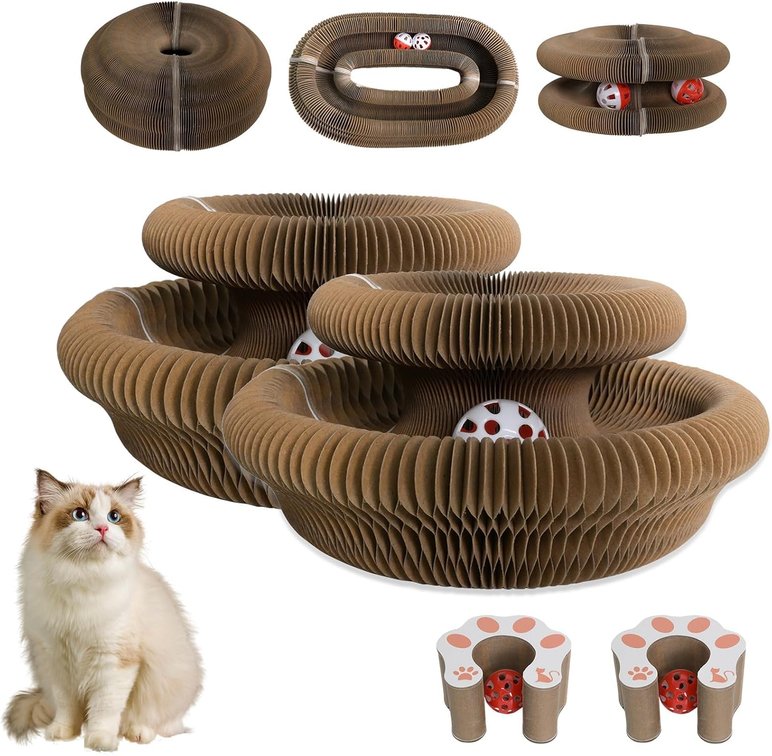 2 Pack Cat Scratcher Board Kitty kurlz Foldable with Bell Ball, Magic Organ, Protects Furniture, Corrugated Cardboard Scratching Pad Interactive Mental Physical Exercise for Indoor Cats Toy