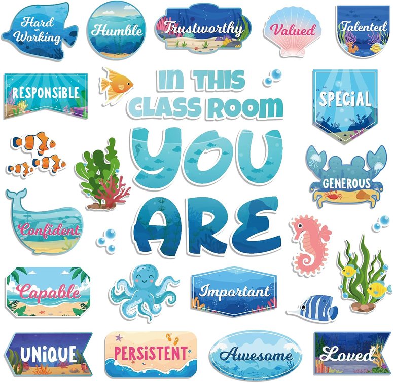 36Pcs Ocean Bulletin Board Decorations Under The Sea Motivational Wall Decor, Sea Animal Inspirational Affirmation Station Cutouts Positive Classroom Decor for Back to School Teacher Wall Supplies