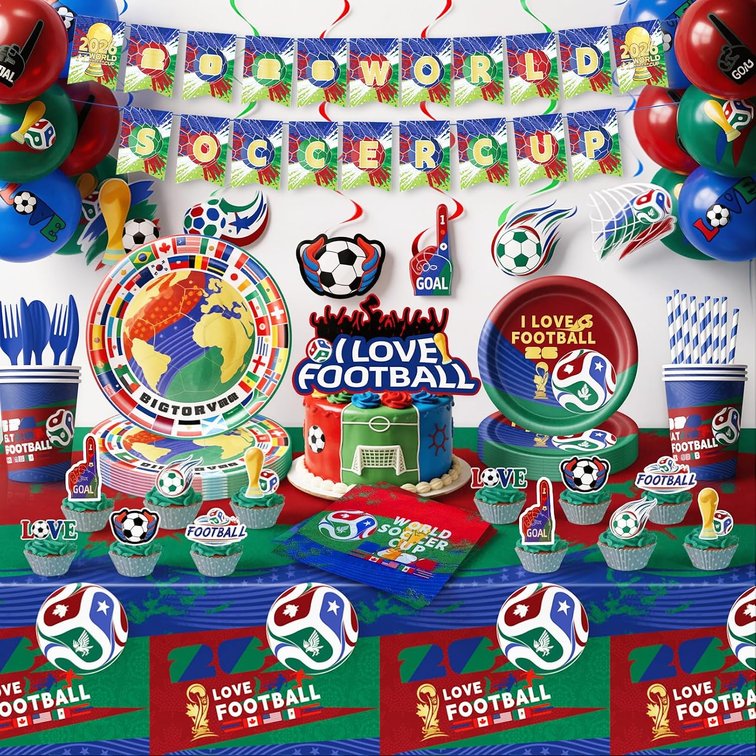 World Soccer Cup 2026 Party Decorations Set, 159Pcs International Flags Tableware Backdrop Kit for Soccer Birthday & Olympic Themed Party, Multicultural Party Supplies