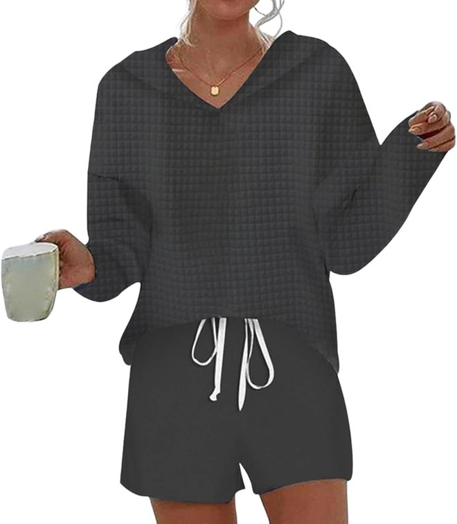 Size Large Lounge Sets for Women 2 Piece Travel Sweatsuits Casual Hoodie Long Sleeve Top with Shorts 2026 Trendy Vacation Outfits