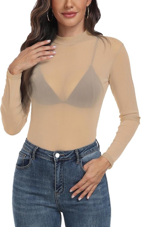 Size 2XL Women's Sheer Mesh Tops Long Sleeve Sexy See Through Shirt Mock Neck
