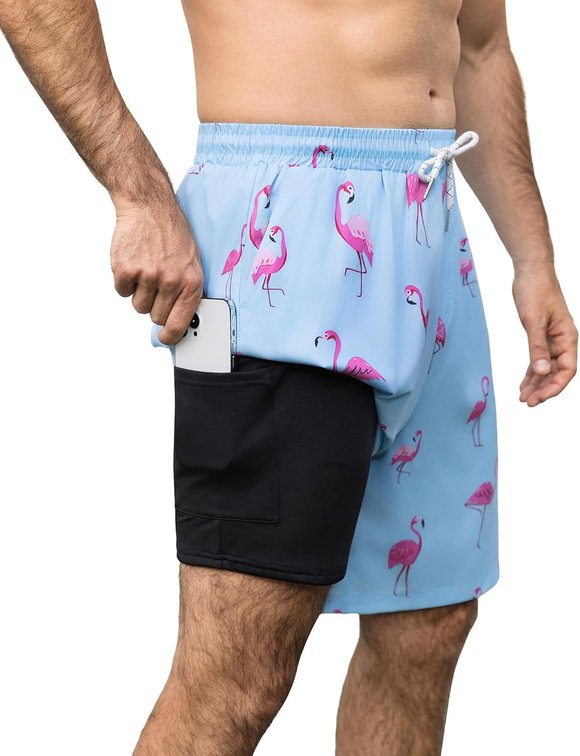 Size Large Mens Swim Trunks 7 Inch with Compression Liner Summer Quick Dry 2 in 1 Beach Board Shorts with Pockets
