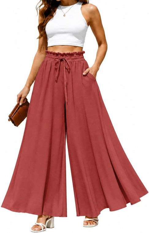Size XXL Wide Leg Palazzo Pants for Women High Waisted Drawstring Flowy Trousers with Pockets, Casual Summer Vacation Pants