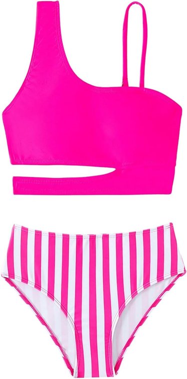 9 Years Size Girl's 2 Piece Swimsuits Cutout One Shoulder Striped Bikini Set Bathing Suits Swimwear