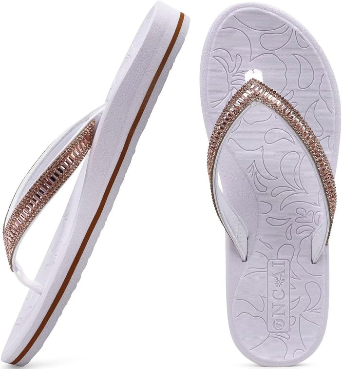 Size 8.5 Women's Flip Flops with Rhinestone, Arch Support Yoga Mat Comfort Walking Summer Beach Thong Sandals with Plantar Fasciitis Rubber Soles US Size 5-11