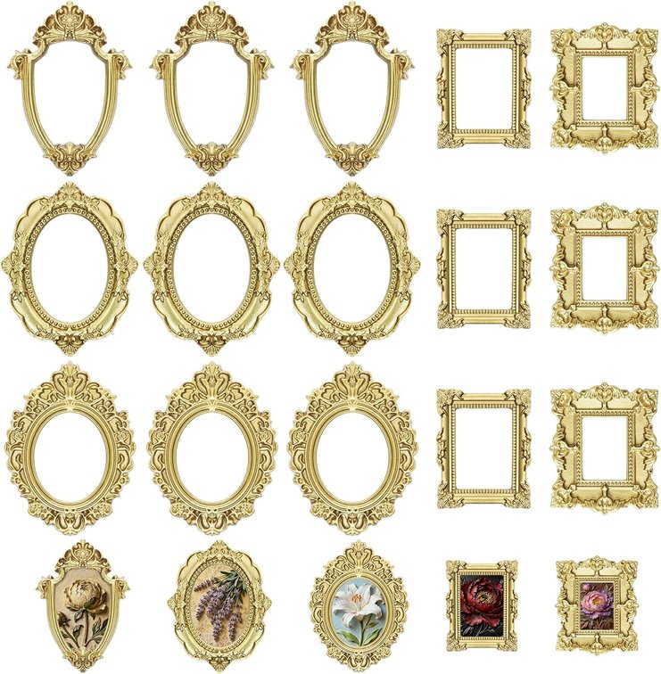 15PCS Vintage Resin Picture Frame Mini Photo Frame Tiny Gold Antique Frames Small Picture Frame Oval Rectangle Wall Hanging for Tabletop Display Home Decor (Gold, Classic)