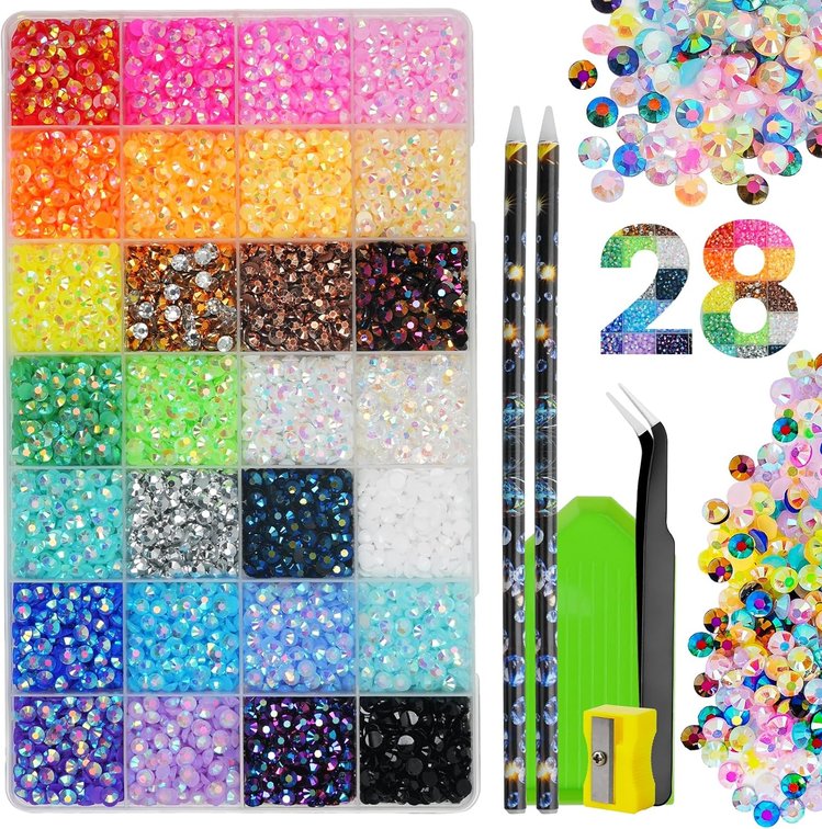 9000Pcs Resin Rhinestones for Crafting with Rhinestone Picker Tool, EARLMONI Multicolor 5mm Bedazzling Rhinestones for Diamond Art Nail Art Clothing Crafts Shoes Tumblers Fabric Decor