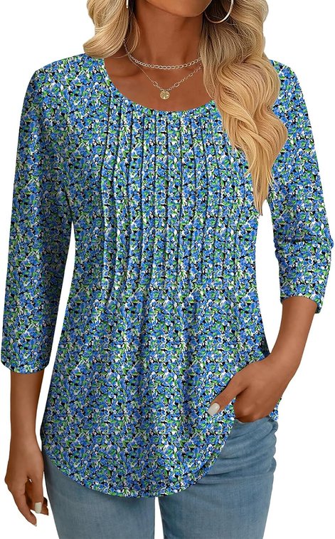 Size XL Womens 3/4 Sleeve Tunic Top Crew Neck Pleated Loose Fit