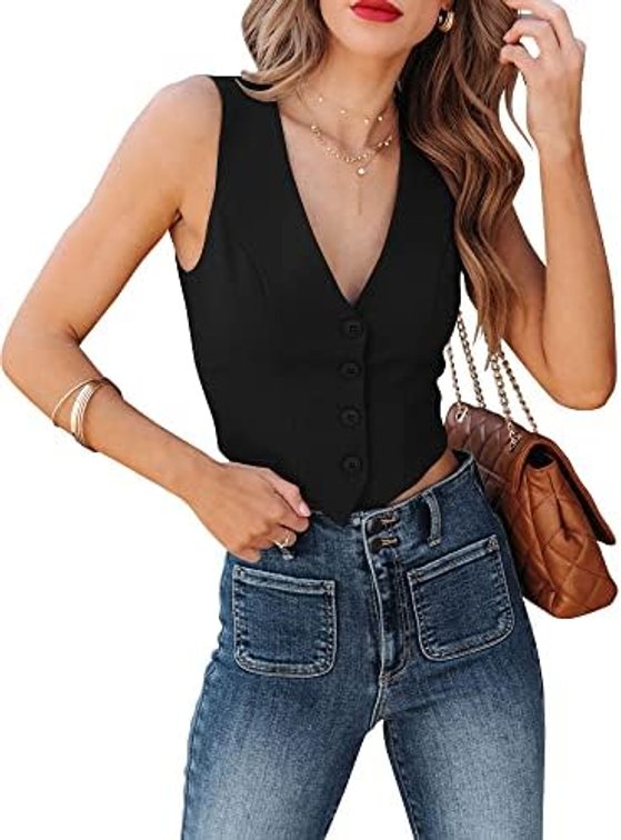 Size Large Women's Business Button Up Sleeveless Vests Fully Lined V Neck Regular Fitted Jacket Waistcoat