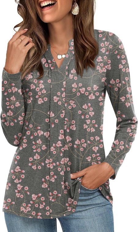 Size XL Womens Long Sleeve Tunic Tops Casual Pleated Fashion Tops Fall V Neck Blouse 2026 Loose Fit Shirts