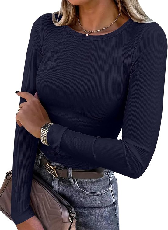 Size Medium Women Long Sleeve Crewneck Rib Knit Slim Fit Shirts Basic Tee Tops 2024 Casual T-Shirt Going Out Workout Outfits