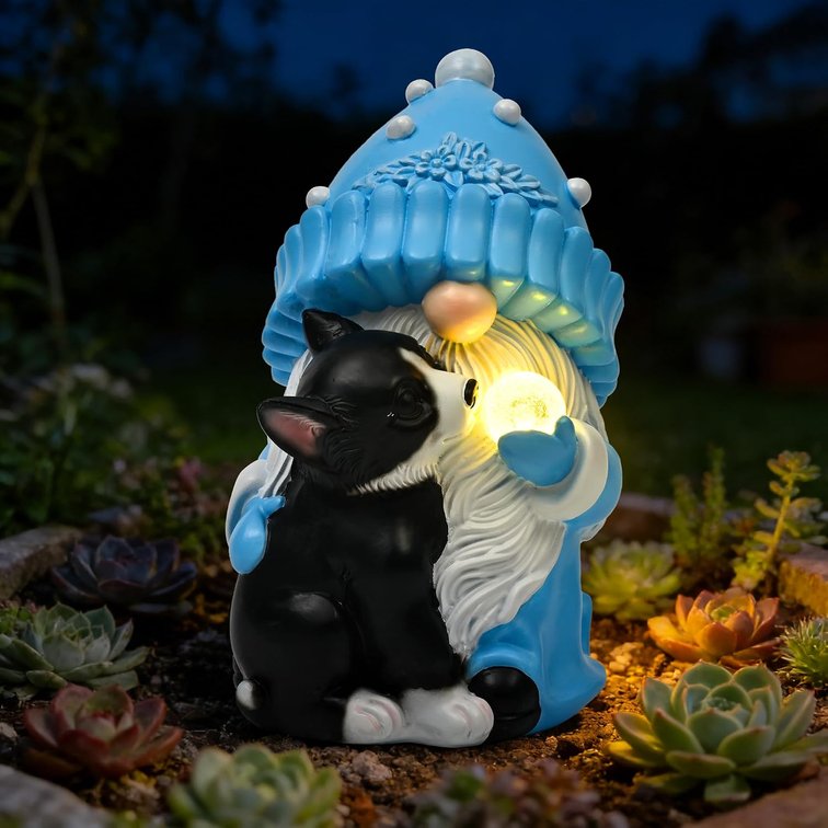 GIGALUMI Solar Garden Statue, Gnome with Dog Outdoor Decor, Gnomes Decoration Gifts with LED for Patio Yard Lawn Balcony, Christmas/Birthday Gift for Mom Women