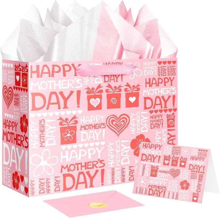 JWSCYSY Large Happy Mother's Day Gift Bag with Tissue Paper and Card, White Pink Gift Bag with Envelope and Sticker for Mother's Day Present Wrapping.