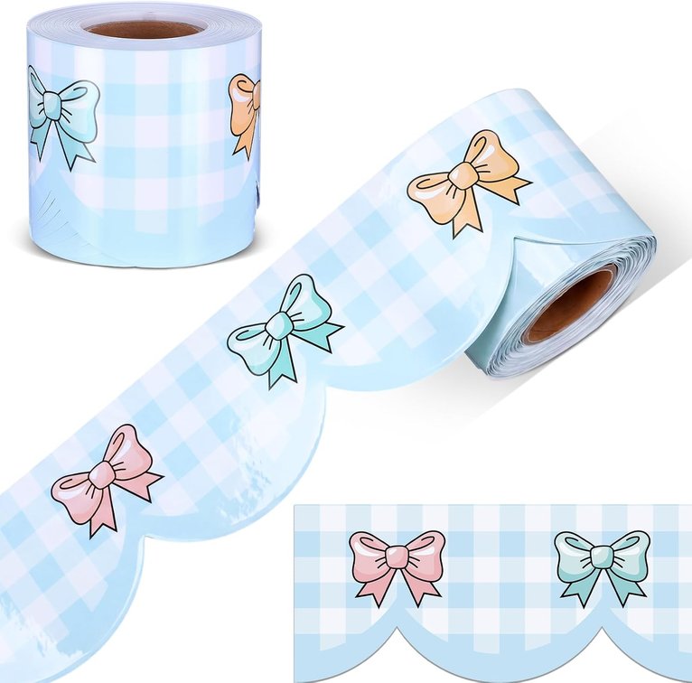 65 ft Blue Bow Gingham Bulletin Board Border Pastel Checkered Scalloped Border Trim for Classroom Decoration Colorful Plaid Classroom Borders for Chalkboard School Office Wall Back to School