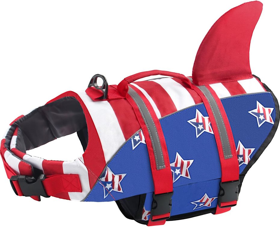 Size Medium Dog Life Jacket, American Flag Ripstop Shark Dog Life Vest for Swimming & Boating, High Buoyancy Reflective Pet Vest with Rescue Handle, for X-Small/Medium/Large/X-Large Dogs (USA Flag, M)