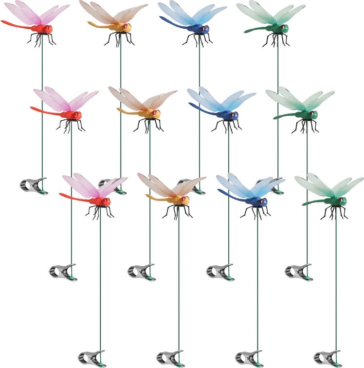 12 Pack 3D Dragonfly Clips, Fake Dragonfly Ornaments Outdoor Yard Garden Stakes for Hat,Deer and Horse, Fly Scare Devices for Indoor Outdoor Garden Patio Plants