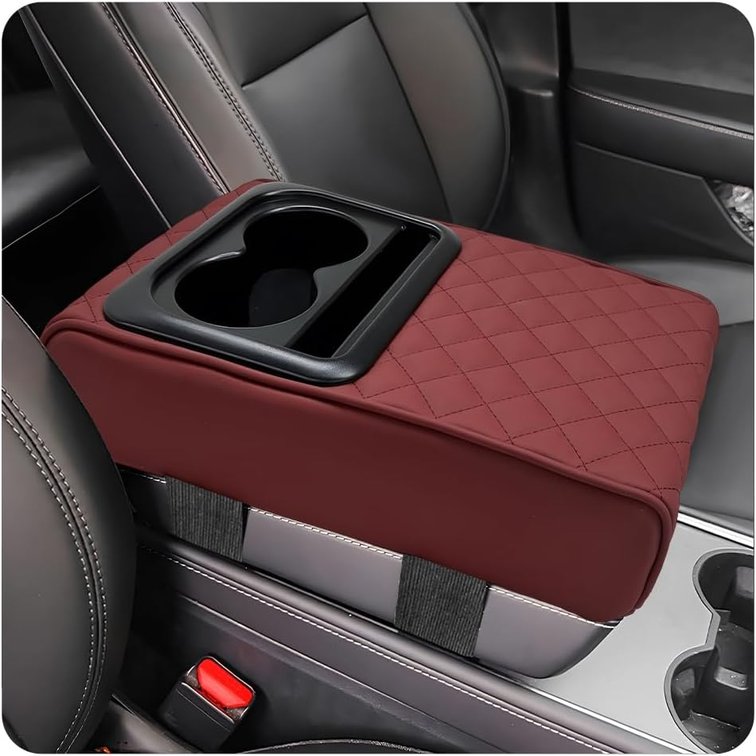 Yourkar Car Center Console Armrest Pillow, Waterproof Car Armrest Cover Cushion with Cup and Phone Holder, Memory Foam Arm Rest Box Protector for Most Vehicles, Car Accessories (Wine Red)