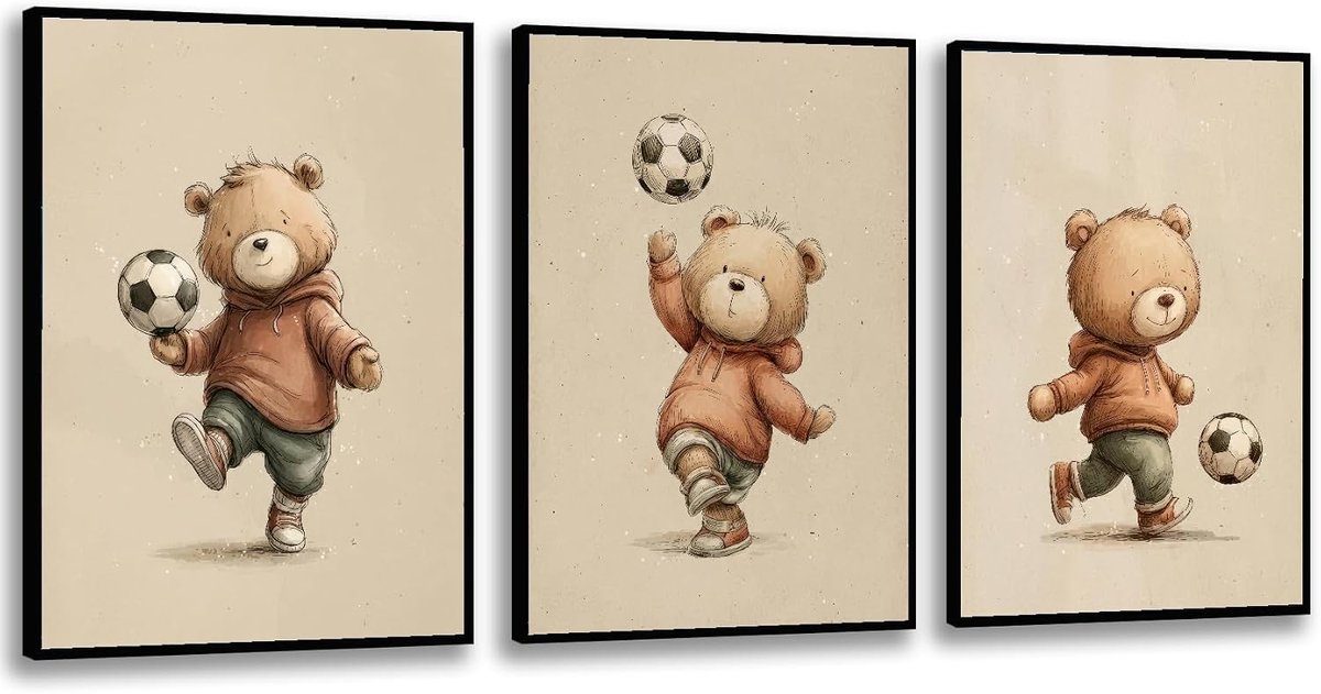 NO FRAMES INCLUDED 3Pcs Bear Soccer Sports Wall Art Cute Animal Boy Room Canvas Wall Decor Baby Teddy Bear Pictures Boy Nursery Art Prints Kids Animal Poster Artwork for Toddler Bedroom Playroom 16x24 Inch Unframed