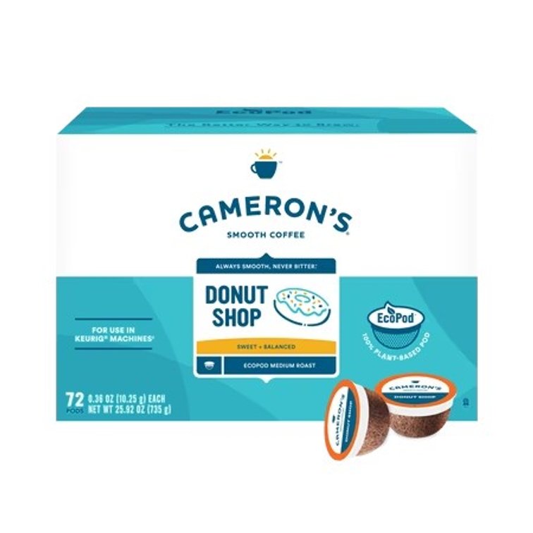 Cameron's Coffee Donut Shop Medium Roast Compostable Coffee Pods Single Serve K Cups for Keurig, Sweet & Balanced, 72 count Ecopods Box