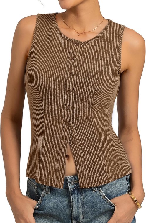 Size Small Kate Kasin Women Summer Going Out Tank Tops Y2K, Button Up Sleeveless Top, Ribbed Knit Sweater Vest Trendy
