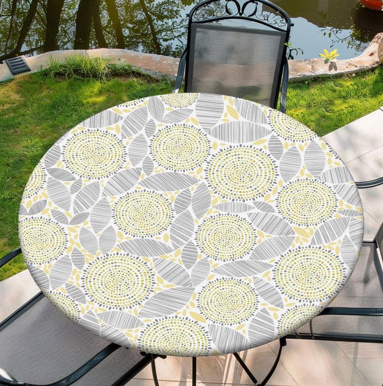 Round Table Cover for Round Tables 36"-70", Fitted Tablecloth with Elastic for Indoor Outdoor Party Holiday, 60inch, Leaves Collage