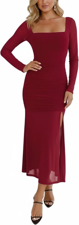 Size XL Hocuos Women's Long Sleeve Square Neck Ruched Bodycon Split Maxi Dresses