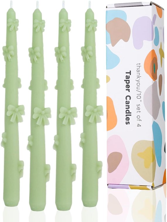 Green Taper Candle Candlestick Bow Soy Candles Unscented Wedding Party Wax Unscented Dinner Candle Dripless,10 inch,Set of 4,J1