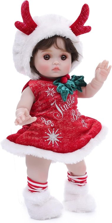 Baby Dolls, 18 Inch Realistic Reborn Full Vinyl Christmas Baby Doll with Curly Hair, Hand-Painted Lifelike Details & Cozy Christmas Outfit for Girls Ages 3+