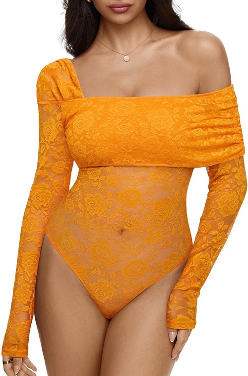 Size XL REORIA Sexy Lace Bodysuit One Shoulder Bodysuit Long Sleeve Bodysuits for Women Going Out Y2K Clothes 2025