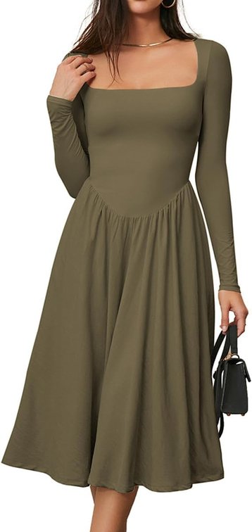 Size XS Women Spring Fashion 2025 Square Neck Long Sleeve Casual A-Line Midi Dress