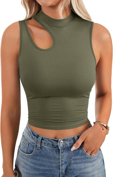 SKY BLUE NOT GREEN Size Medium Women's Mock Turtle Neck Cut Out Crop Top Ribbed Knit Sexy Sleeveless Tank Top Shirt