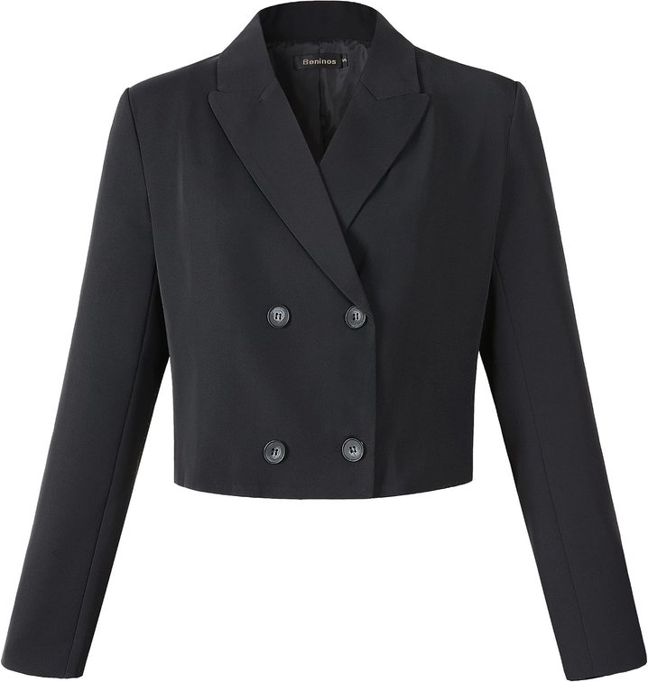 Size SMall Beninos Women's Double Breasted Cropped Blazer Jackets (820 Black, S)