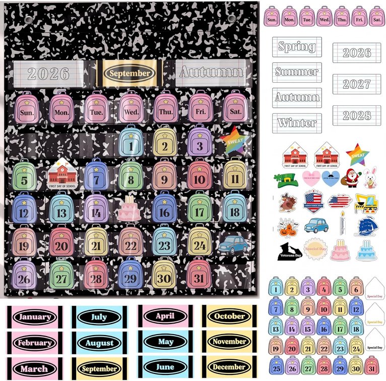 Feifeiya Composition Book Calendar Pocket Chart with 82 Card for Classroom