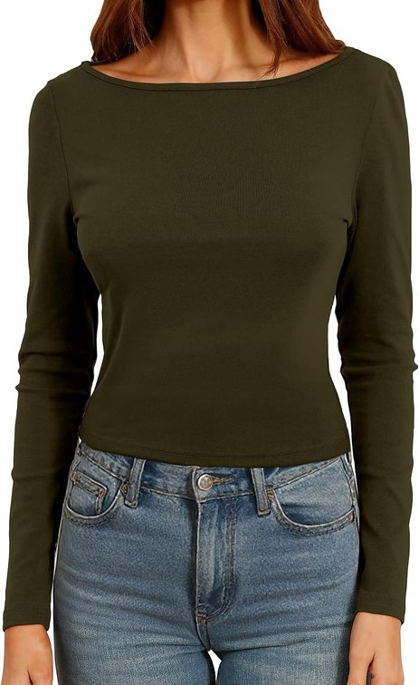 Size Large Womens Cute Boat Neck Long Sleeve Crop Tops Soft Ribbed Knited Cropped Tees