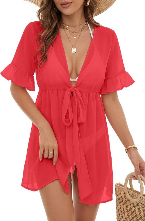 Size XS Women's Tie Knot Front Coverup V Neck Ruffle Sleeve Beach Cover Ups Cardigan Tops