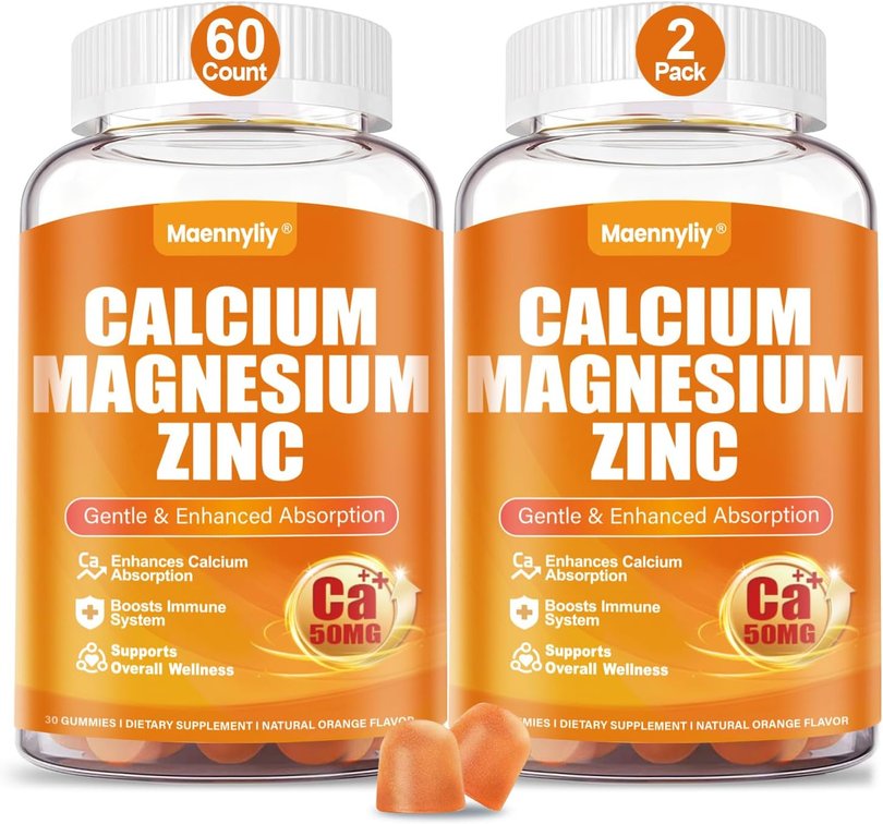 Calcium Magnesium Zinc Supplement Gummies - High Absorption Calcium Citrate Gummy for Women & Men - Sugar Free, Natural Orange Flavor, Vegan