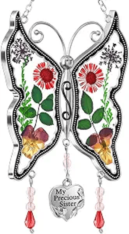Set of 2 - Sister Gift Butterfly Suncatcher Pressed Flower Glass for Window