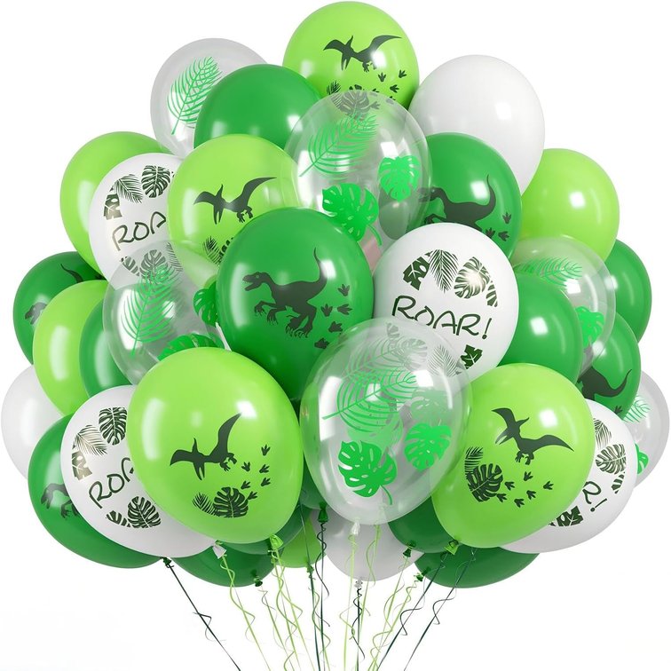 Dinosaur Balloons, 50 Pcs Green White for Boys Dinosaur Birthday Party