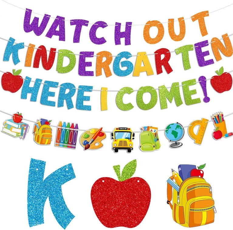HOWAF Glitter Watch Out Kindergarten Here I Come Banner, Kindergarten Back to School Garland Banner for First Day of School Preschool Photography Background, Kids Welcome Back Classroom Decor