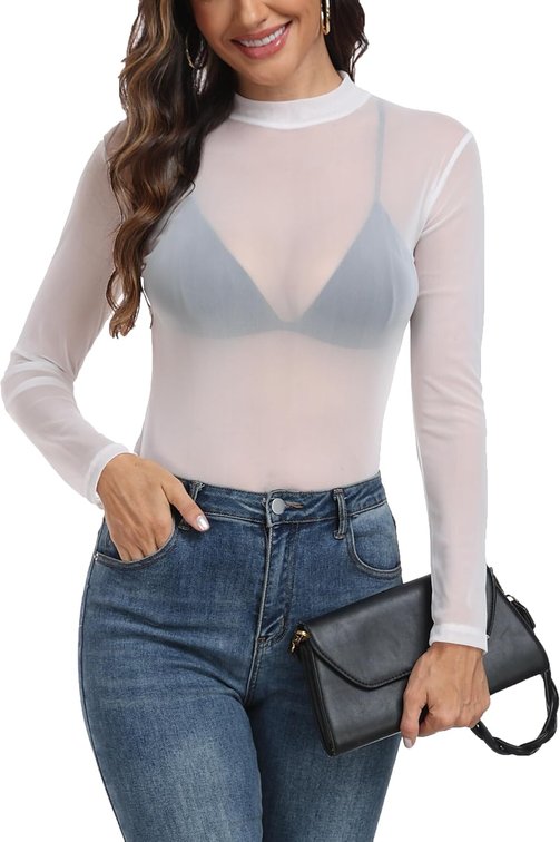 size medium - Women's Sheer Mesh Tops Long Sleeve Sexy See Through Shirt Mock Neck