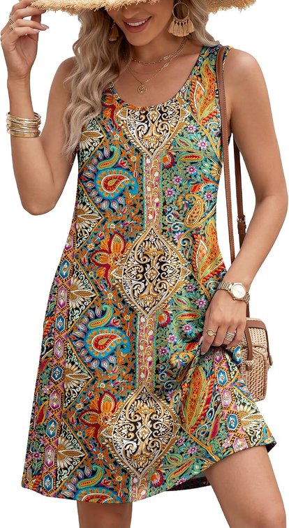 Size Large Summer Dress for Women 2026 Sleeveless Floral Boho Sundress Swimsuit Coverup Casual Loose Beach Vacation Outfits