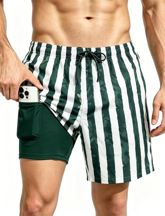 Size 2XL Mens Swim Trunks with Zipper Pockets, 2 in 1 Quick Dry 7 Inch Board Shorts with Compression Liner for Beach Pool